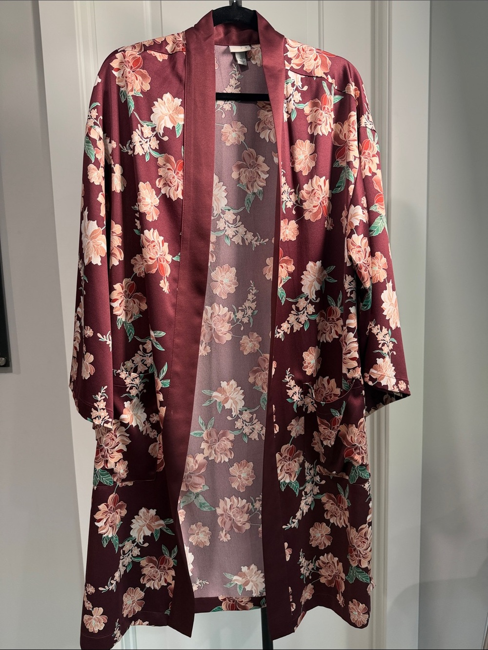 a new day Burgundy Floral Satin Kimono Robe
